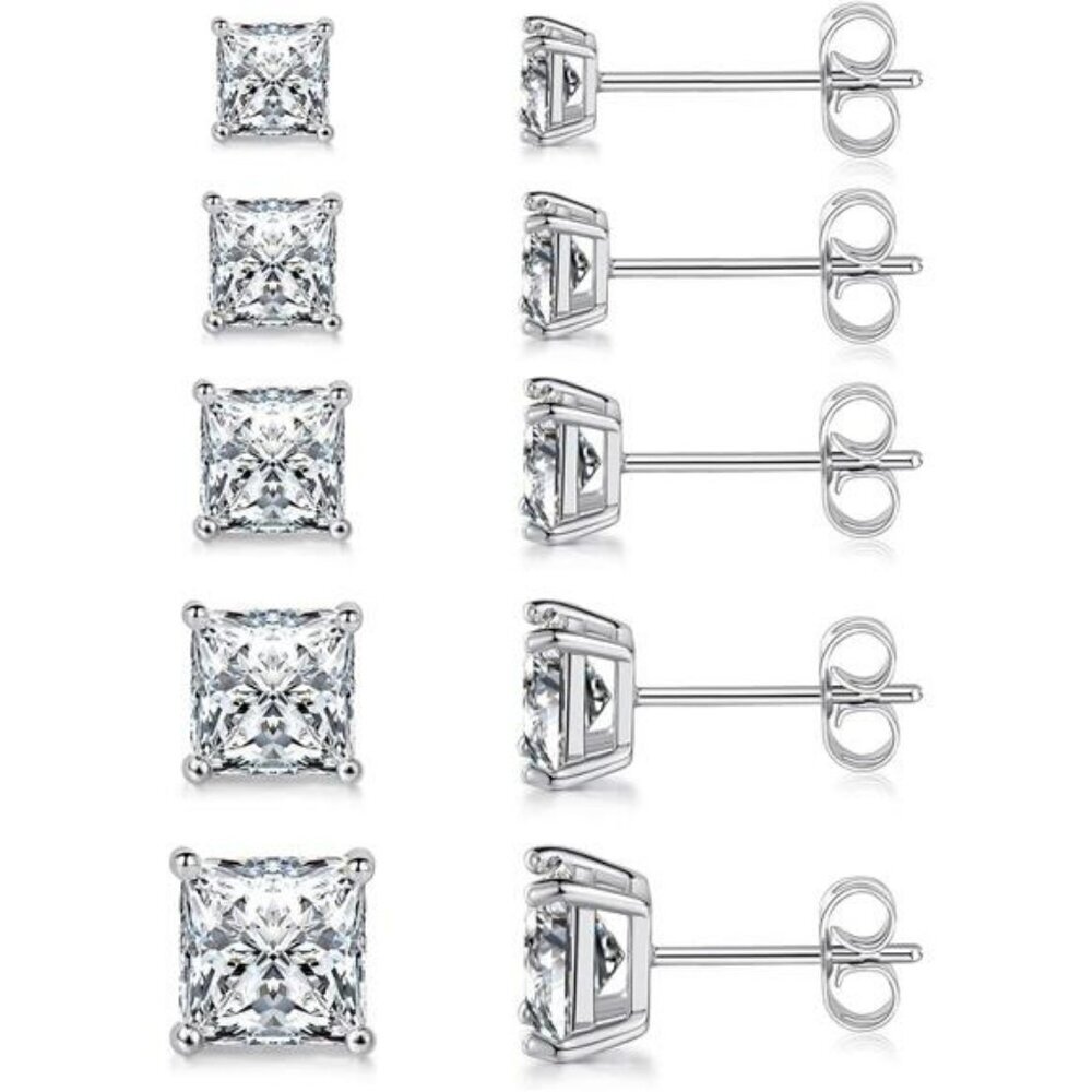 Cubic zirconia stud earrings set 5 pairs square cut gold hypoallergenic